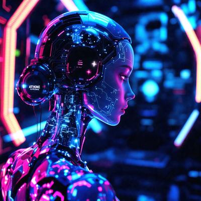 The primary subject of the image is a futuristic robot with a pink and blue color scheme. The robot is wearing headphones and has a visually striking appearance. The setting is a futuristic environment, likely a space station or a high-tech facility. The visual style of the image is a combination of digital art and illustration, creating a unique and captivating scene. The colors and mood of the image are vibrant and energetic, reflecting the futuristic and technological theme.